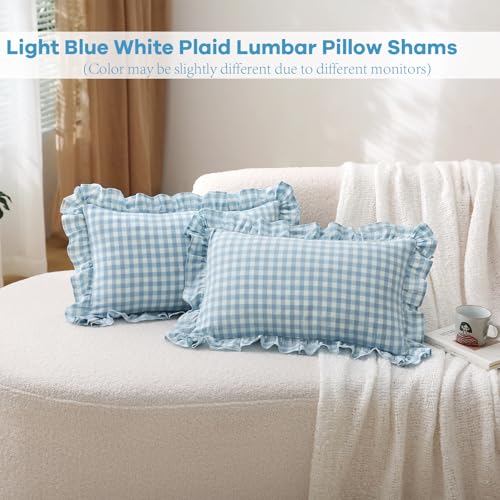 K MASANIJI 2 Pack Light Blue White Plaid Ruffle Gingham Lumbar Throw Pillow Covers, 100% Washed Cotton Checkered Farmhouse Decorative Pillow Shams for Bed/Sofa Zipper Closure - 12''x20'' - Image 2