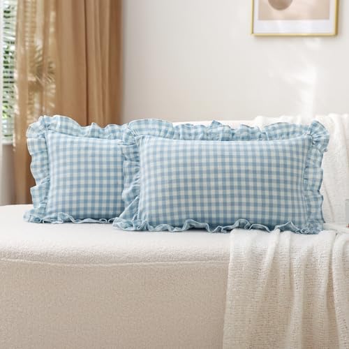 K MASANIJI 2 Pack Light Blue White Plaid Ruffle Gingham Lumbar Throw Pillow Covers, 100% Washed Cotton Checkered Farmhouse Decorative Pillow Shams for Bed/Sofa Zipper Closure - 12''x20'' - Image 1