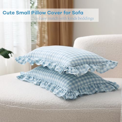 K MASANIJI 2 Pack Light Blue White Plaid Ruffle Gingham Lumbar Throw Pillow Covers, 100% Washed Cotton Checkered Farmhouse Decorative Pillow Shams for Bed/Sofa Zipper Closure - 12''x20'' - Image 4