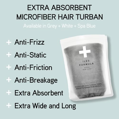 ILES FORMULA Hair Turban Towel – Ultra-Soft Microfiber Hair Towel Wrap for Fast Drying, Frizz Control & Breakage Protection – Large, Lightweight Hair Wrap for Short, Long & Curly – Grey - Image 4