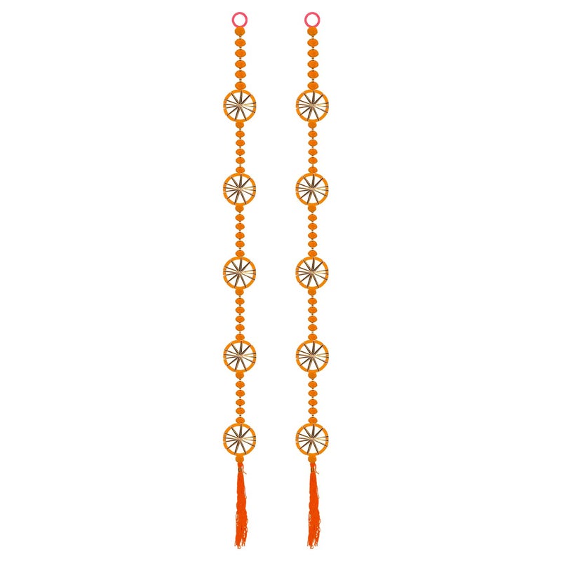 Rajasthan Kraft Rajasthan Kraft Handmade Pom Pom Beads with Gotta Patti Ring Tassels Used for Wall Decor and Door Hanging Length 55 Inch Pack of 2 Colour Orange RK348032 - Image 1