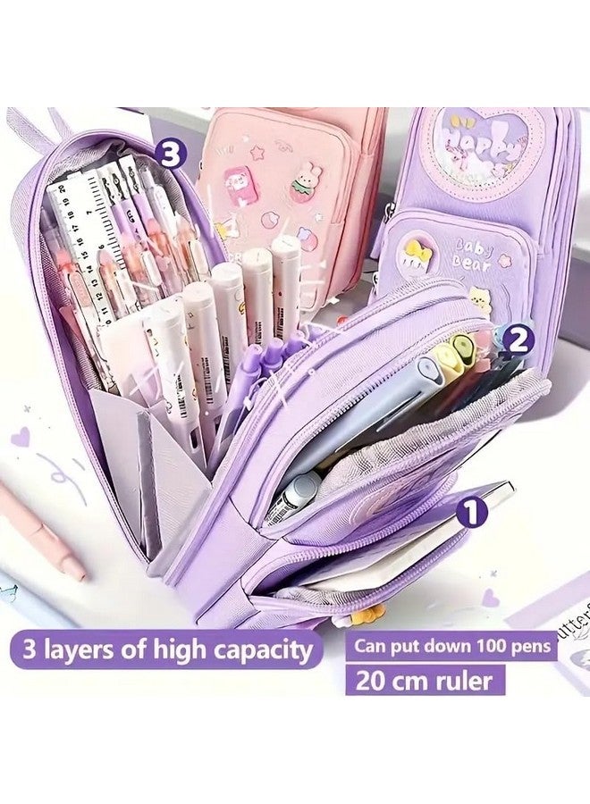 SAJANI Three Layer School Bag-Shaped Pencil Pouch, Large-Capacity Pencil Pouch with Zipper, Multipurpose Pen & Pencil Pouch for School Supplies for Boys & Girls (Pack of 1) (Purple) - Image 4