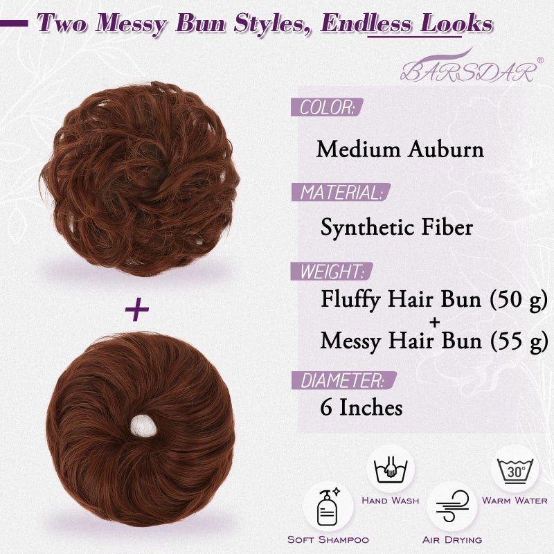 BARSDAR 2 PCS Auburn Messy Bun Hair Piece - Elastic Copper Messy Hair Bun Scrunchie for Women - Natural Looking Thick Soft Synthetic Large Fluffy Updo Hairpieces Chignon Scrunchie Extensions Daily - Image 2