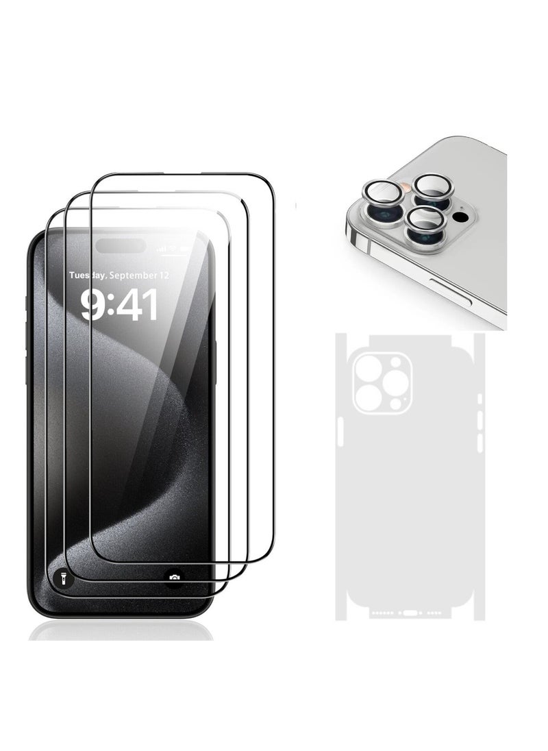DIGI CORE - iPhone 15 Pro Screen Protector 3 Pack 6.1 Inch 2.5D Curved Edges With iPhone 15 Pro Camera Lens Protector And Anti-Scratch iPhone Back PVC Clear Sheet Set (Natural Titanium, iPhone 15 Pro) - Image 1