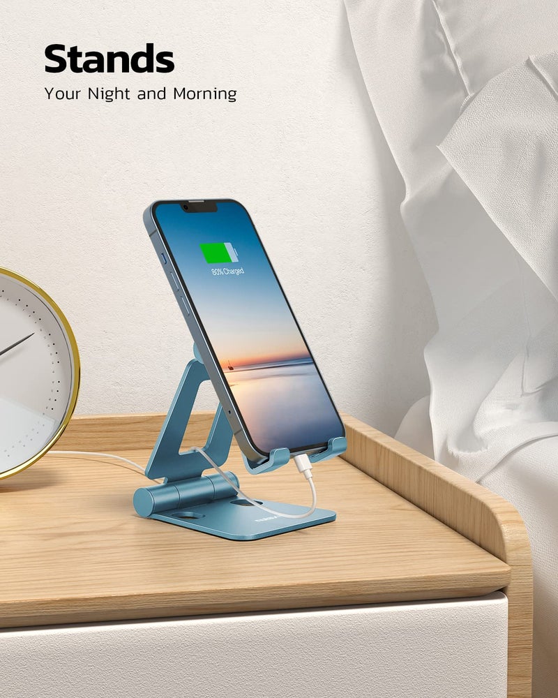 Nulaxy Dual Folding Cell Phone Stand, Fully Adjustable Foldable Desktop Phone Holder Cradle Dock Compatible with iPhone 17 16 15 14 13 12 11 Pro Max Xs Xr X 8, Nintendo Switch, All Phones - Blue - Image 3