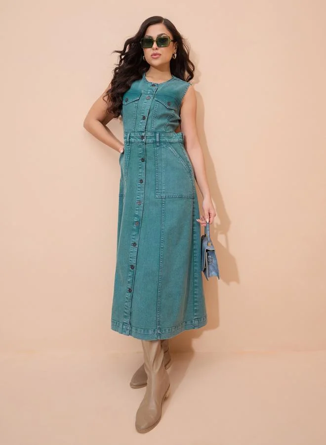 SASSAFRAS Green Denim Wash Waist Cut-Out Midi Dress