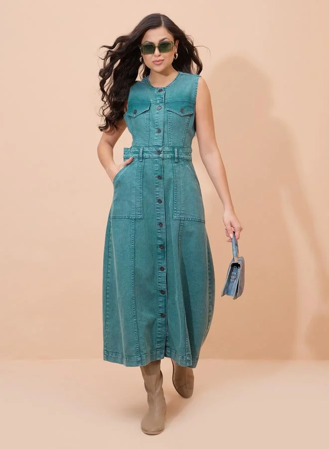 SASSAFRAS Green Denim Wash Waist Cut-Out Midi Dress