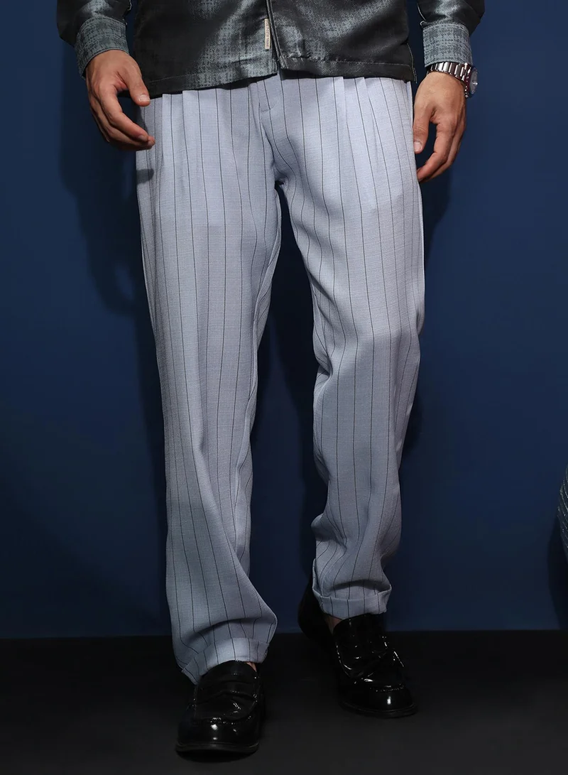 Campus Sutra Campus Sutra Men's Icy Blue Pinstripe-Pleated Chino Trousers For Casual Wear | Mid-Rise | Regular Fit | Hook & Zip Closure | Trousers Shirt Crafted With Comfort Fit For Everyday Wear