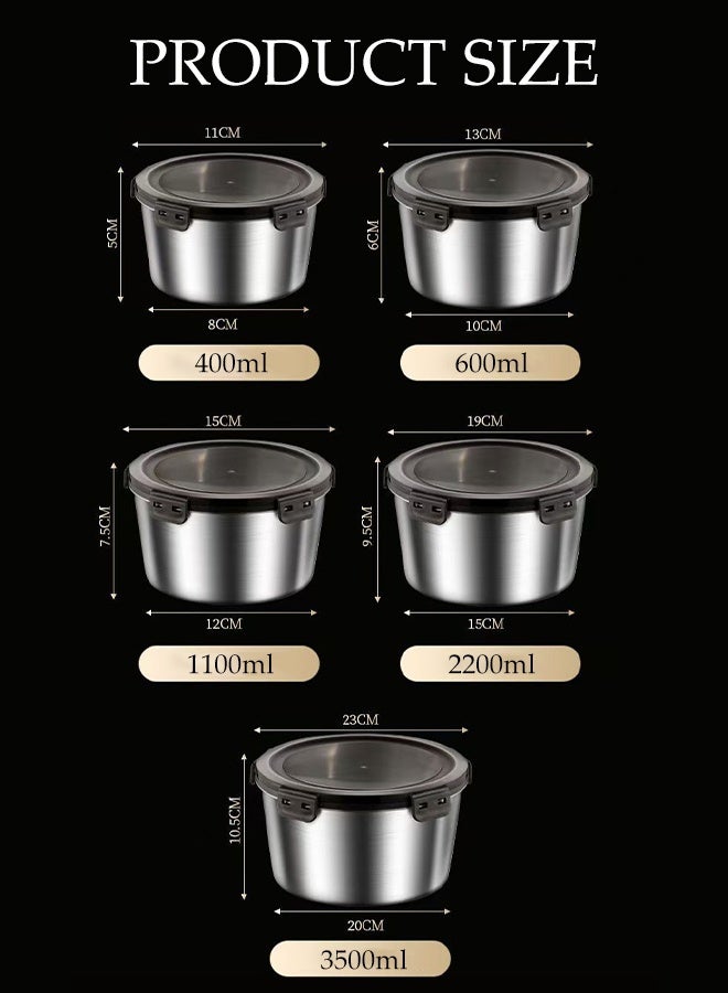 DUNISO Stainless Steel  Food Container Set， 5 Pieces in Sizes 400 ml, 600 ml, 1100 ml,2200 ml & 3500 ml , Reusable  Food Storage Bento Lunch Box for Picnic（Round） - Image 2