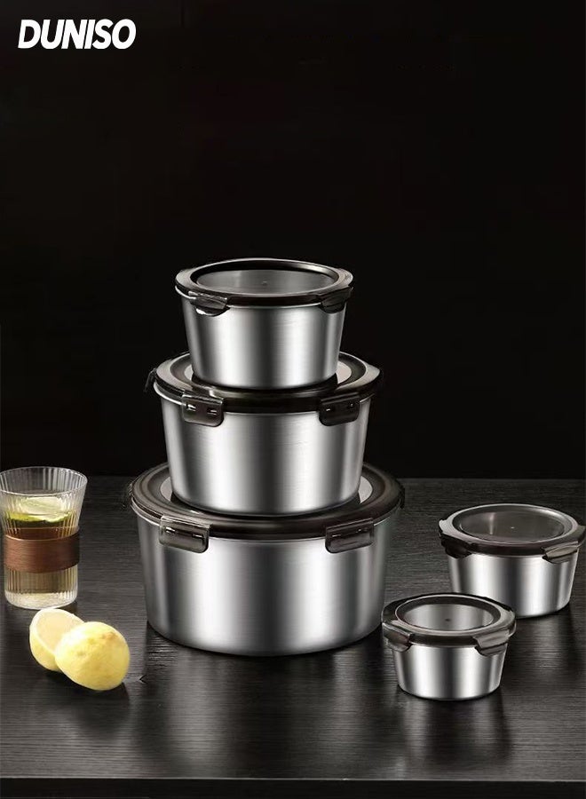 DUNISO Stainless Steel  Food Container Set， 5 Pieces in Sizes 400 ml, 600 ml, 1100 ml,2200 ml & 3500 ml , Reusable  Food Storage Bento Lunch Box for Picnic（Round） - Image 1