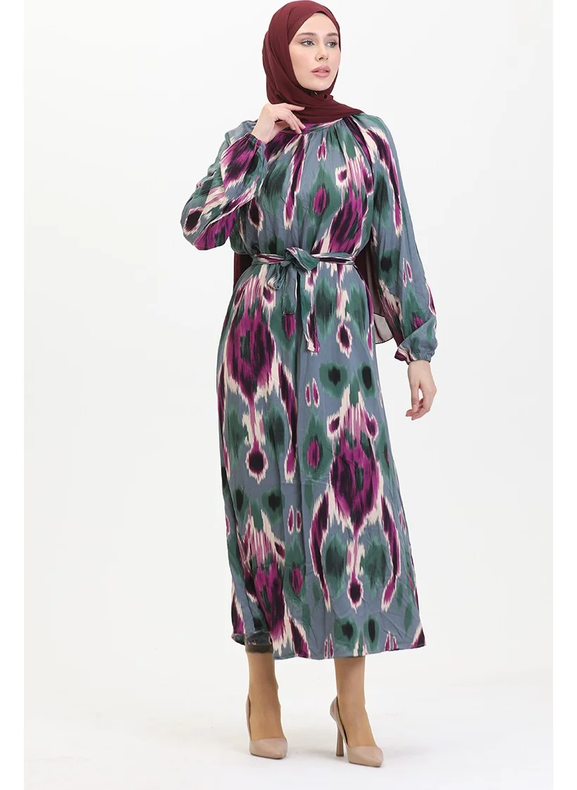 Sefa Merve Patterned Belted Viscose Dress 0501A-04 Purple Emerald Green