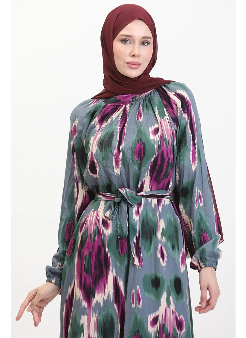 Sefa Merve Patterned Belted Viscose Dress 0501A-04 Purple Emerald Green