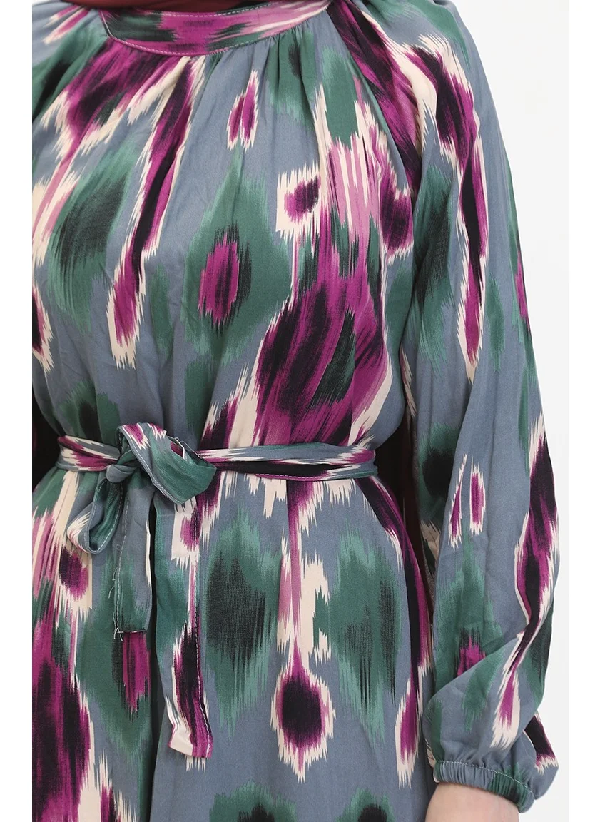 Sefa Merve Patterned Belted Viscose Dress 0501A-04 Purple Emerald Green