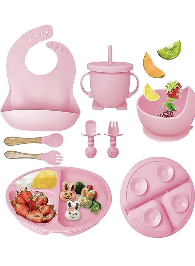 Richtots Premium Silicone Baby Feeding Set, Complete 8-Piece Baby Led Weaning Set | Baby Feeding Product,Suction Plate, Bowl,Cup, 2 Spoon, 2 Fork and Bib for Baby Sky Blue (Rose Pink) - Image 1