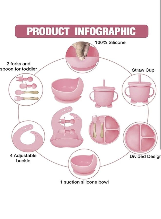Richtots Premium Silicone Baby Feeding Set, Complete 8-Piece Baby Led Weaning Set | Baby Feeding Product,Suction Plate, Bowl,Cup, 2 Spoon, 2 Fork and Bib for Baby Sky Blue (Rose Pink) - Image 2