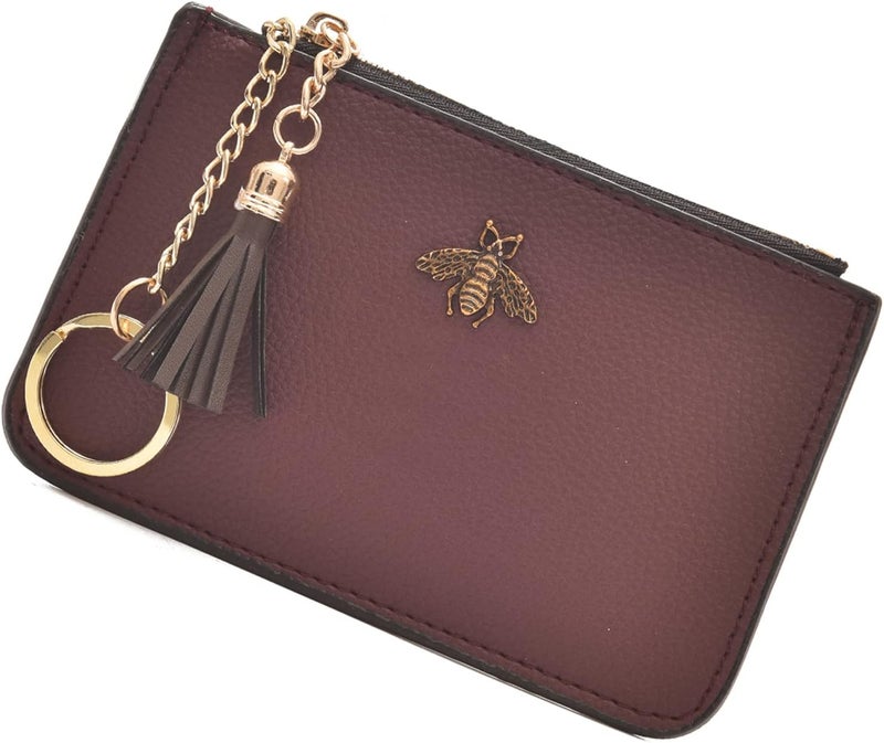 AnnabelZ Coin Purse Change Wallet Pouch Leather Card Holder with Key Chain Tassel Zip(Burgundy) - Image 1