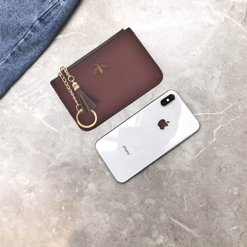 AnnabelZ Coin Purse Change Wallet Pouch Leather Card Holder with Key Chain Tassel Zip(Burgundy) - Image 5