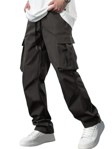 Comdecevis Men's Casual Cargo Pants Workout Joggers Stretch Sweatpants Hiking Drawstring Tactical Pants with Multi Pockets Dark Grey - Image 1