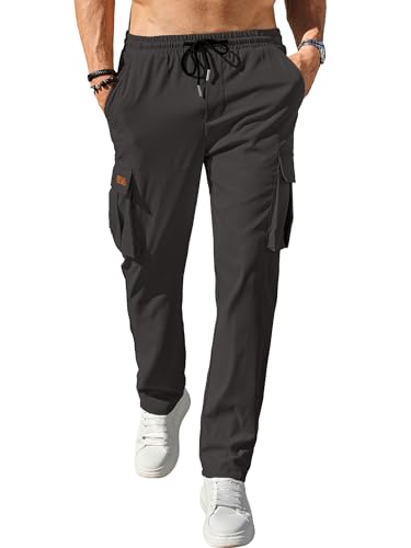 Comdecevis Men's Casual Cargo Pants Workout Joggers Stretch Sweatpants Hiking Drawstring Tactical Pants with Multi Pockets Dark Grey - Image 2