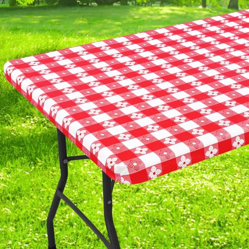 Spotjoy Rectangle Vinyl Table Cloth Waterproof Elastic Fitted Tablecloth with Flannel Backing Plastic Table Cover for Picnic Camping Outdoor Red White 24x48