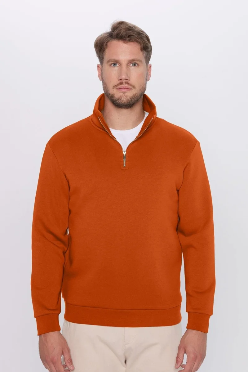 تودورس Unisex Relax Fit Comfortable Cut Cotton Half Zipper Polar Fleece Inside Brick Color Stand Collar Sweatshirt