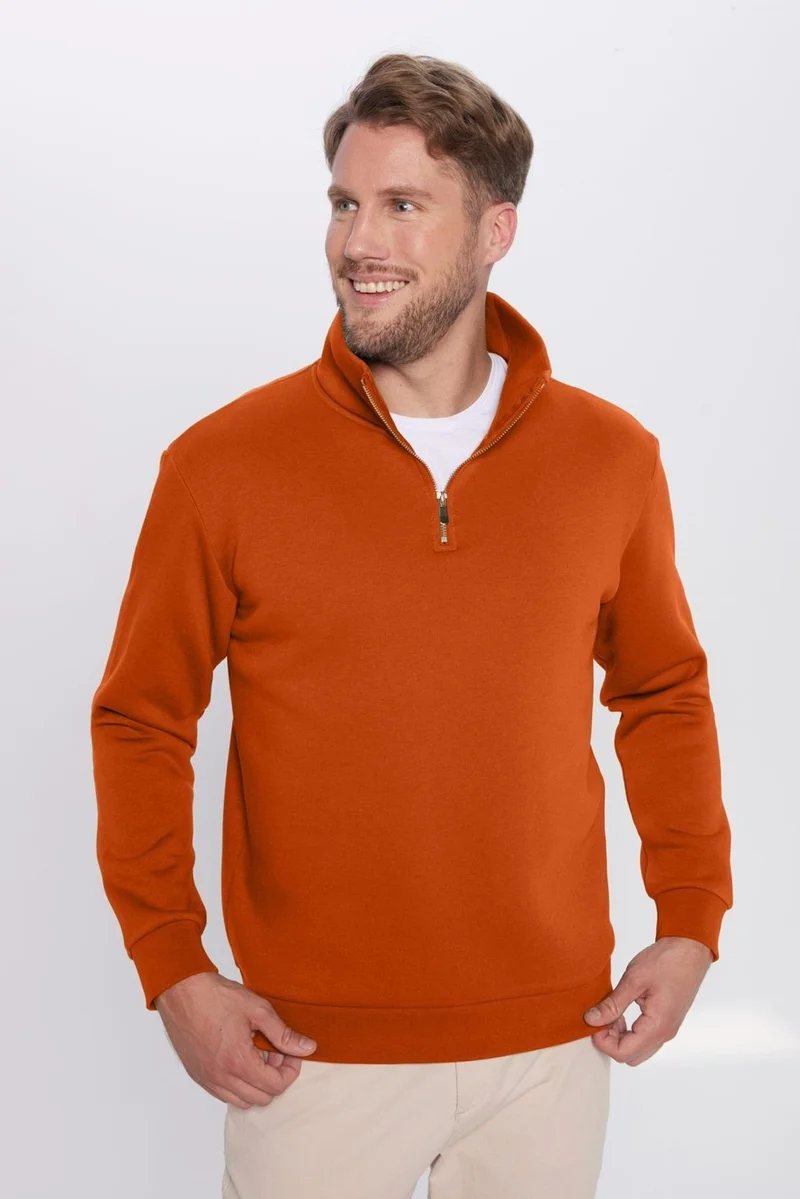 تودورس Unisex Relax Fit Comfortable Cut Cotton Half Zipper Polar Fleece Inside Brick Color Stand Collar Sweatshirt