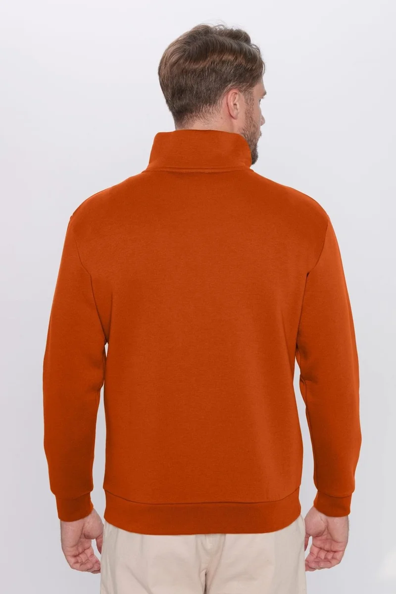 تودورس Unisex Relax Fit Comfortable Cut Cotton Half Zipper Polar Fleece Inside Brick Color Stand Collar Sweatshirt