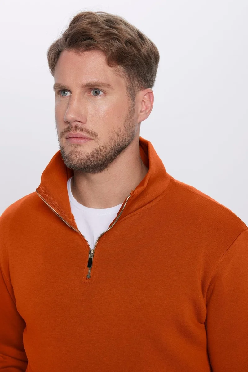 تودورس Unisex Relax Fit Comfortable Cut Cotton Half Zipper Polar Fleece Inside Brick Color Stand Collar Sweatshirt