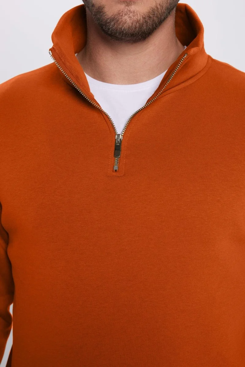 تودورس Unisex Relax Fit Comfortable Cut Cotton Half Zipper Polar Fleece Inside Brick Color Stand Collar Sweatshirt
