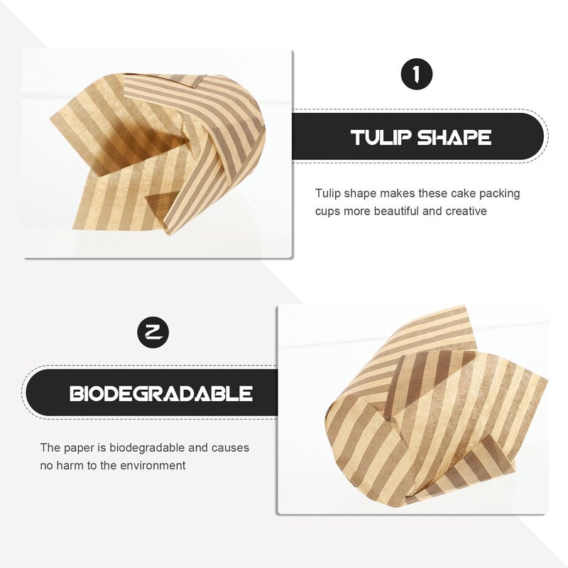 Tulip Muffin Liners Baking Cups 300pcs Oil-proof Paper Cake Packing Cups Assorted Natural White Brown Striped Baking Liners Random Color - Image 5