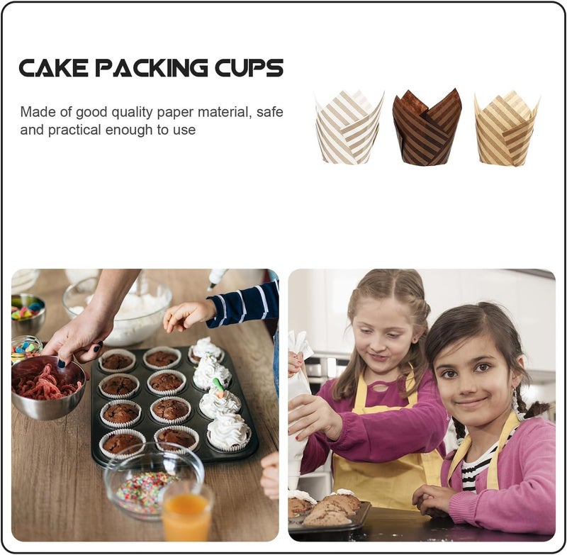 Tulip Muffin Liners Baking Cups 300pcs Oil-proof Paper Cake Packing Cups Assorted Natural White Brown Striped Baking Liners Random Color - Image 3