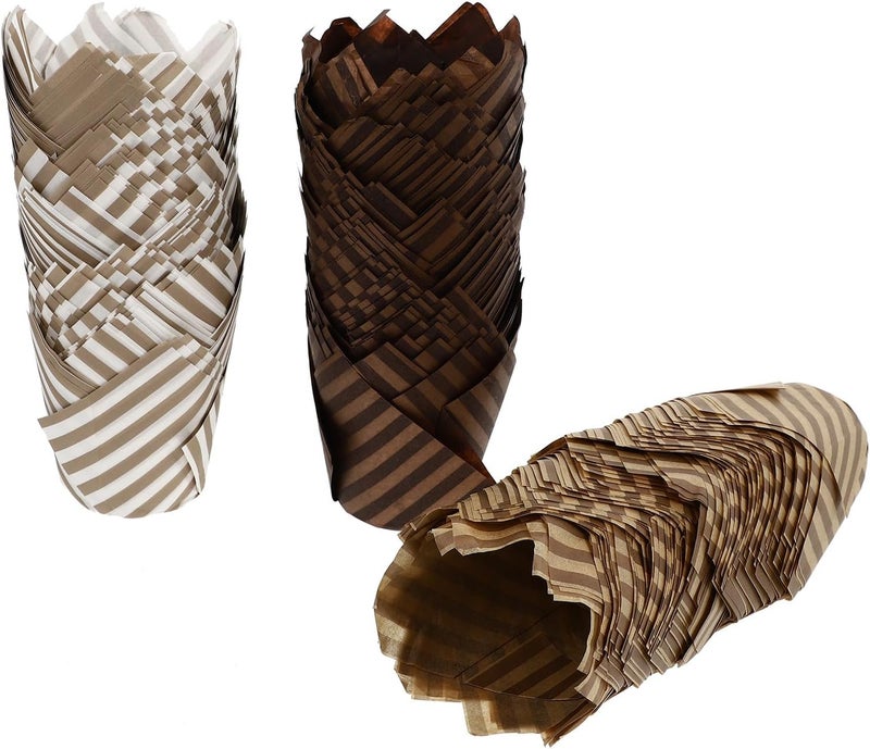 Tulip Muffin Liners Baking Cups 300pcs Oil-proof Paper Cake Packing Cups Assorted Natural White Brown Striped Baking Liners Random Color - Image 1