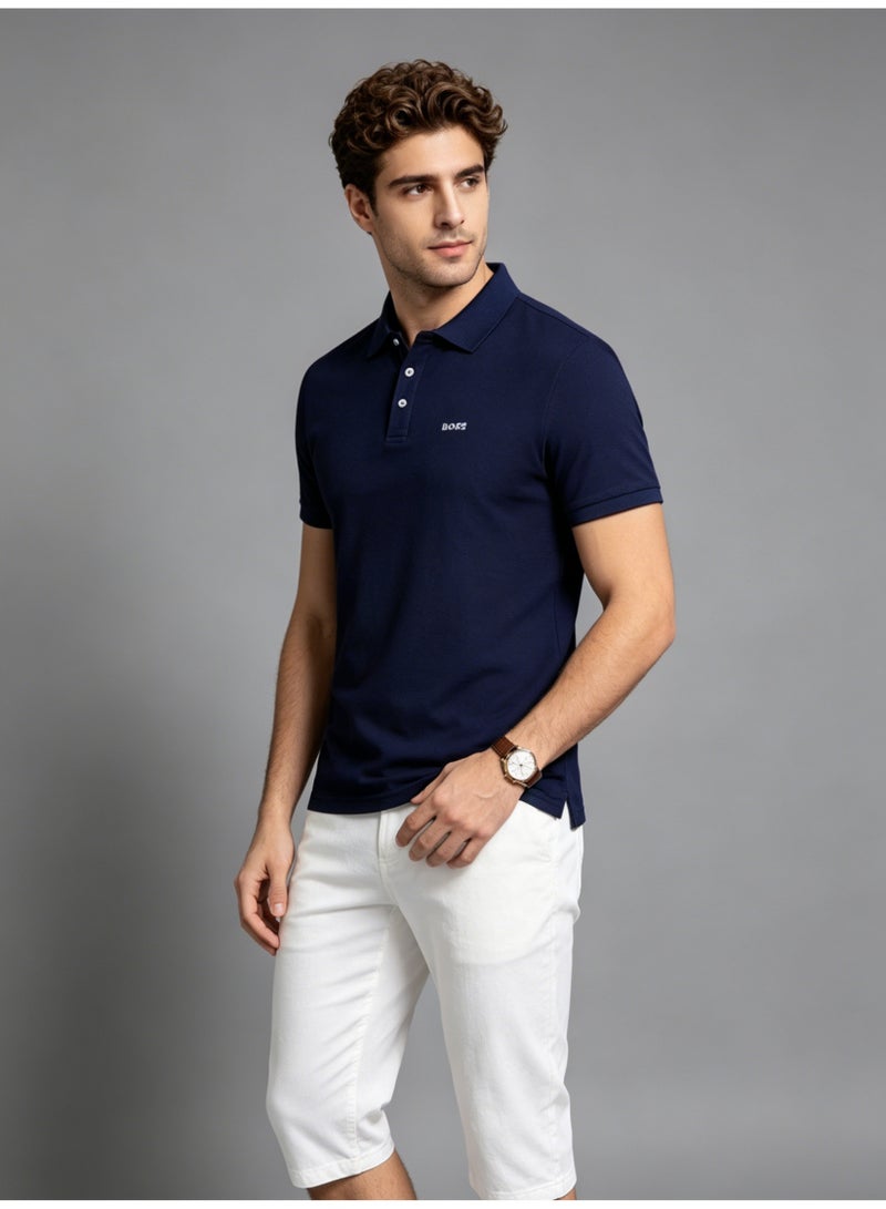 BOSS Men's Short Sleeve Polo Shirt Classic Collar Office Casual Breathable Daily Summer Top Navy Blue - Image 4