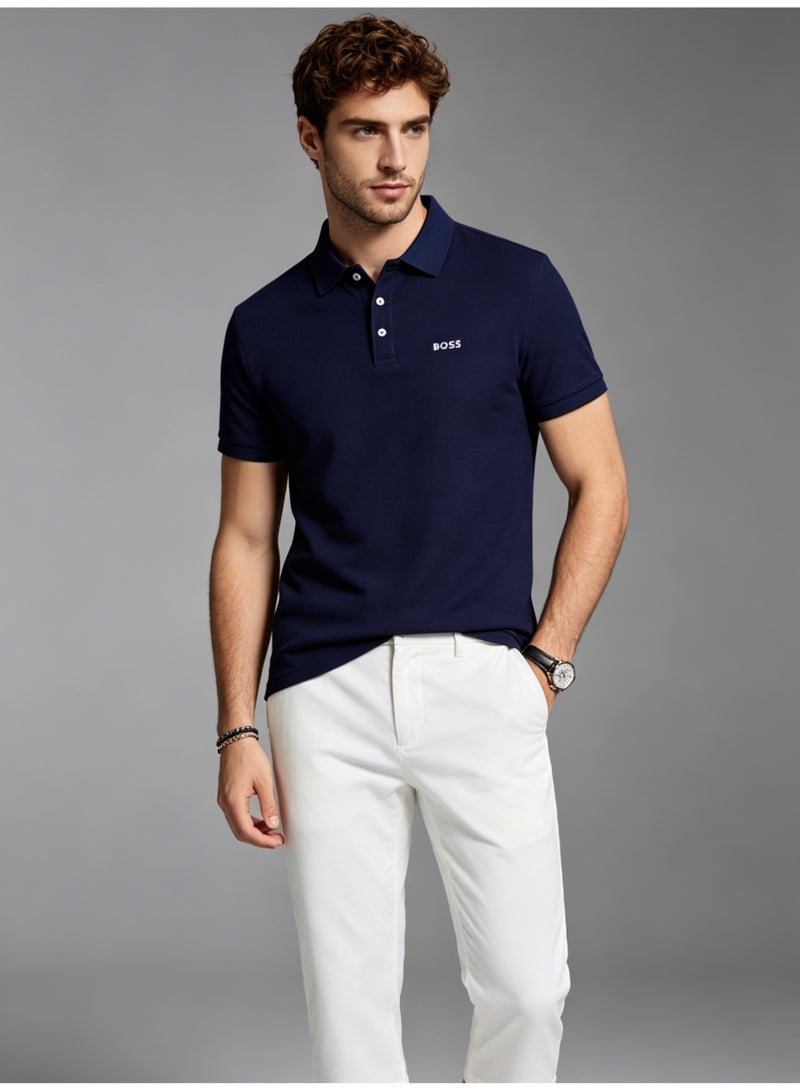 BOSS Men's Short Sleeve Polo Shirt Classic Collar Office Casual Breathable Daily Summer Top Navy Blue - Image 2