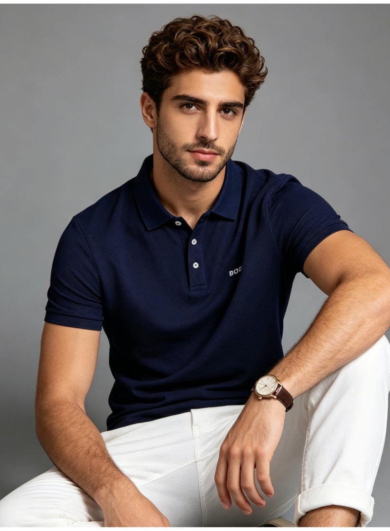 BOSS Men's Short Sleeve Polo Shirt Classic Collar Office Casual Breathable Daily Summer Top Navy Blue - Image 5