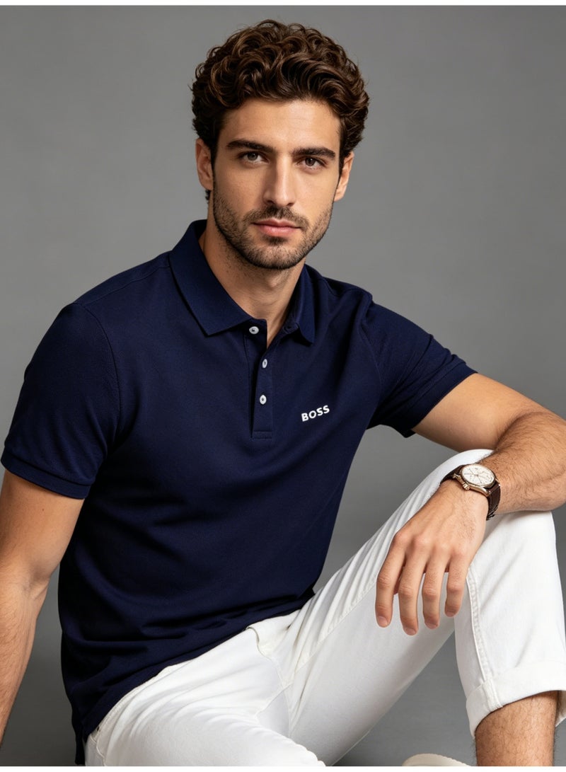 BOSS Men's Short Sleeve Polo Shirt Classic Collar Office Casual Breathable Daily Summer Top Navy Blue - Image 1
