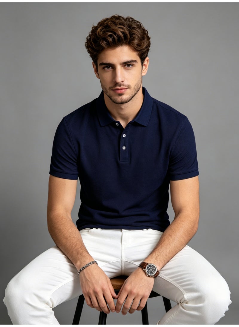 BOSS Men's Short Sleeve Polo Shirt Classic Collar Office Casual Breathable Daily Summer Top Navy Blue - Image 3