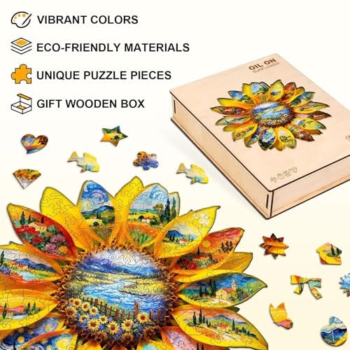 Jollitot Wooden Sunflower Puzzles Adults Flower Shaped Wood Puzzle 245 Pieces Oil Painting Puzzles Christmas Holliday Birthday Gifts for Women Men 134 131in - Image 5