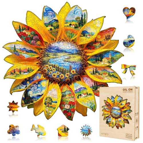 Jollitot Wooden Sunflower Puzzles Adults Flower Shaped Wood Puzzle 245 Pieces Oil Painting Puzzles Christmas Holliday Birthday Gifts for Women Men 134 131in - Image 1