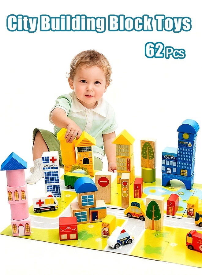 Building Blocks Set City Building Blocks Toy Set ,62PCS Large Wooden Building Blocks Set with City Map, City Building Block Toys Building Block Building Toys,Imagination & Creativity Kids Activity Kit,Children's Construction Toys Educational Toys,Preschool Learning Educational Toys,Montessori Stacking Blocks for 3+ Years Old Kids Boys Girls - Image 1