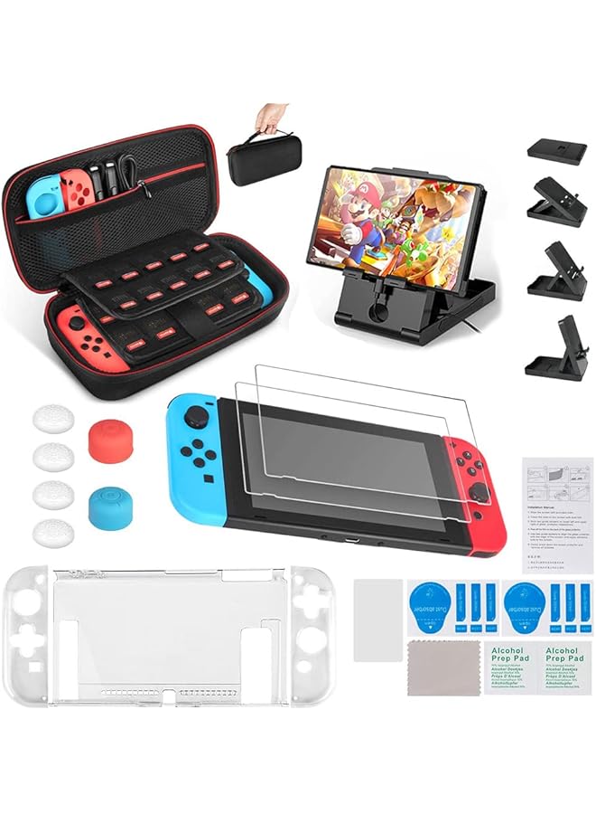 KASTWAVE Accessories Kit For Nintendo Switch 13 In 1 Accessories Kit Compatible With Ns Switch Including Carrying Case/ Clear Cover Case/ Adjustable Stand/ Tempered Glass Screen Protector And Cleaning Tool - Image 1