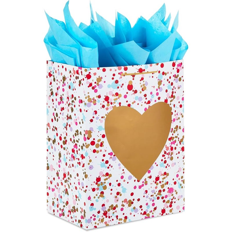 Hallmark 17 Extra Large Valentine's Day Gift Bag with Blue Tissue Paper (Gold Heart, Paint Splatters) - Image 1