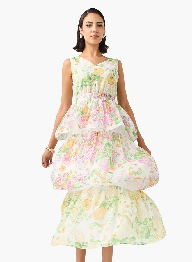 2Xtremz 2Xtremz Floral Print Sleeveless Dress with V-neck and Tie-Up Belt