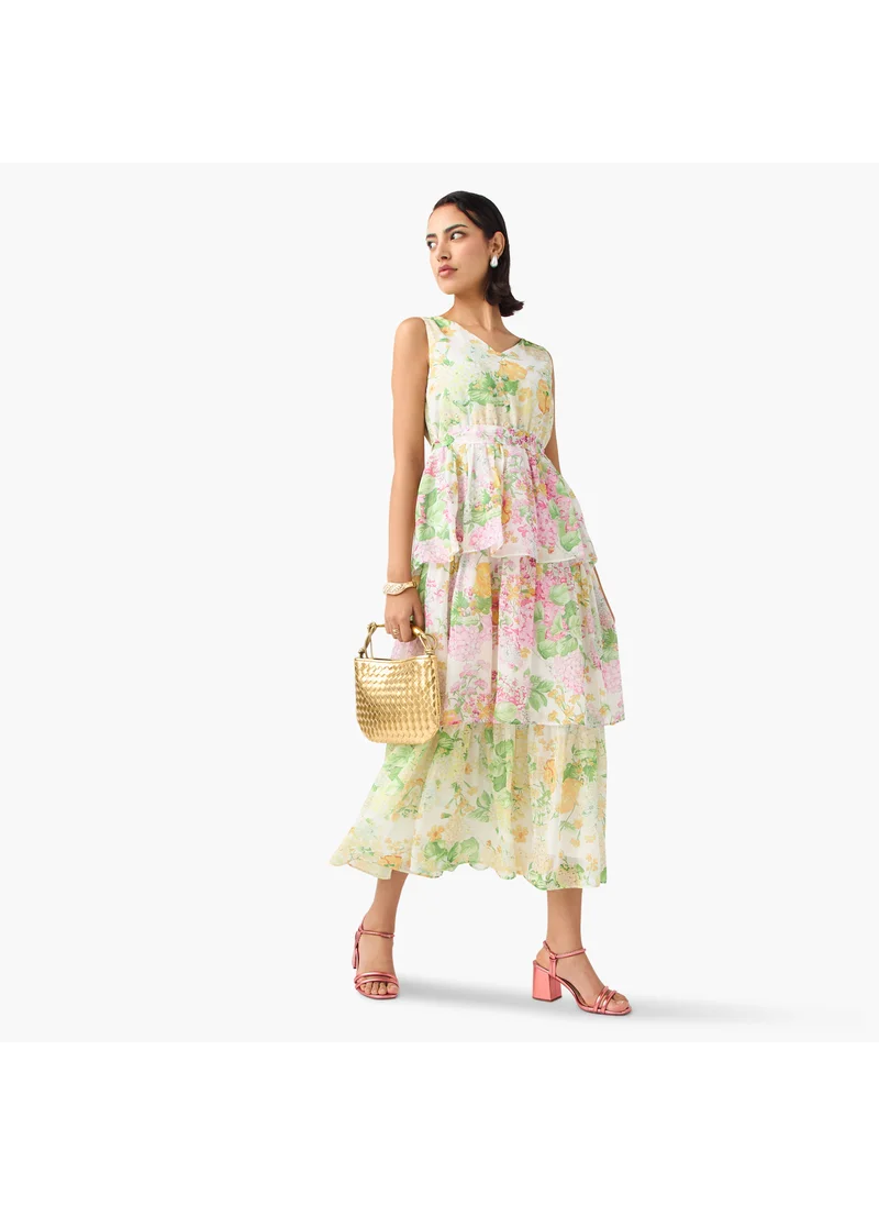 تواكستريمز 2Xtremz Floral Print Sleeveless Dress with V-neck and Tie-Up Belt