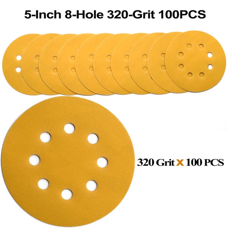 Aiyard 5-Inch 8-Hole Hook and Loop Sanding Discs 320-Grit Random Orbit Sandpaper, 100-Pack - Image 3