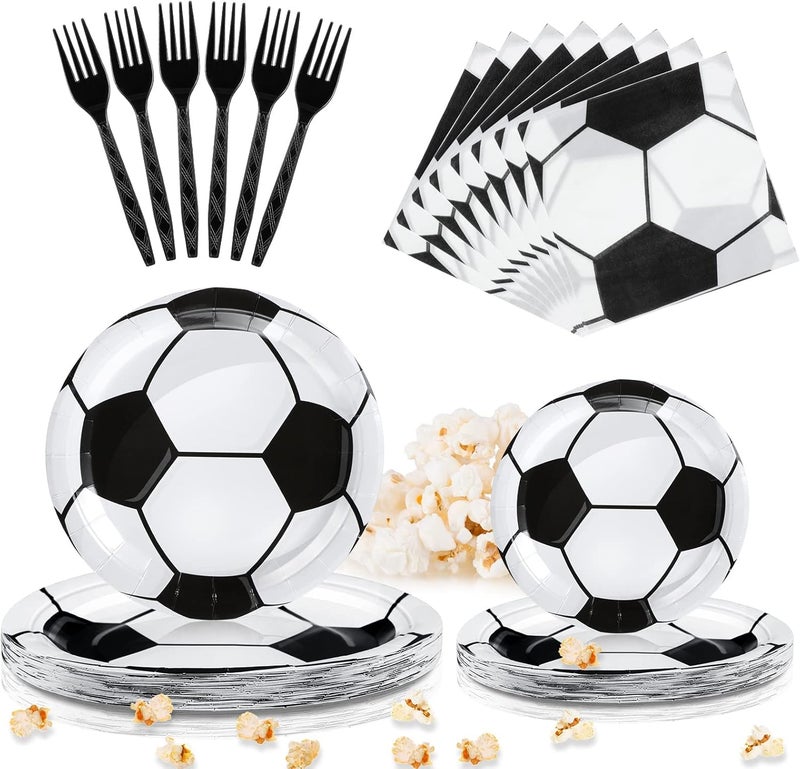 Excefore Soccer Party Decorations Supplies, 96 Pcs Birthday Tableware Set, 7 Inch & 9 Inch Disposable Ball Plates, Paper Napkins, Forks for Sports Themed Birthday Decorations, Serves 24  Guests - Image 1