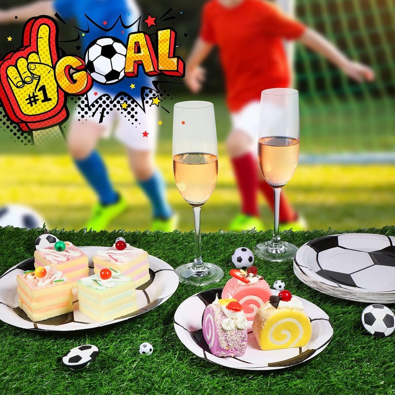 Excefore Soccer Party Decorations Supplies, 96 Pcs Birthday Tableware Set, 7 Inch & 9 Inch Disposable Ball Plates, Paper Napkins, Forks for Sports Themed Birthday Decorations, Serves 24  Guests - Image 2