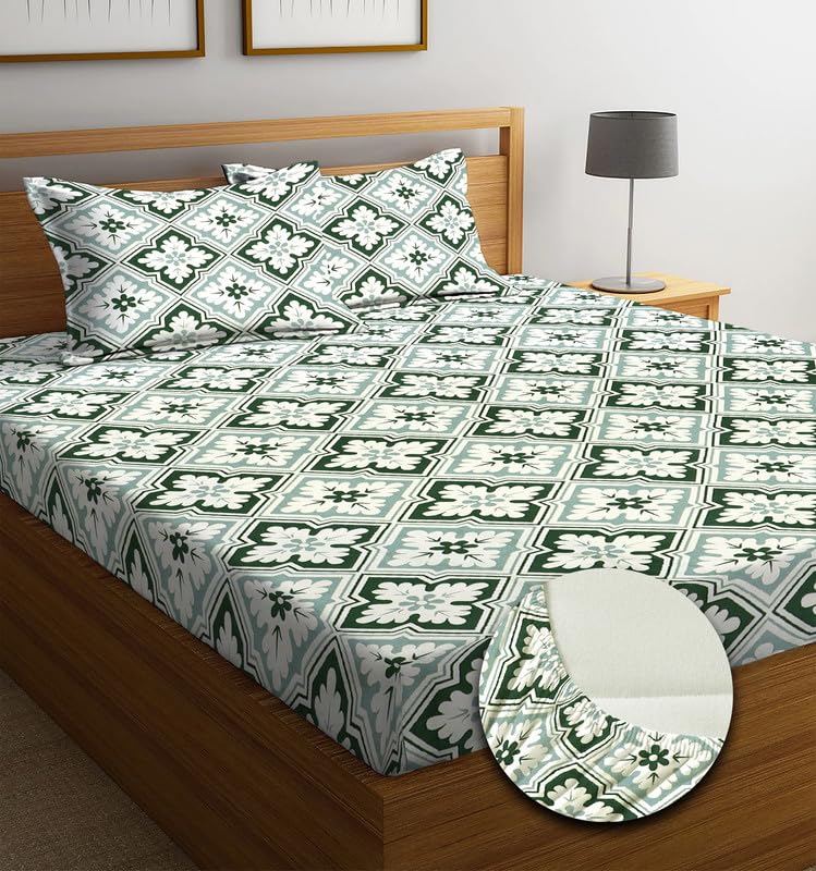 NEW LEAF Premium Cotton 220 TC Elastic Fitted Bedsheets with 2 Pillow Covers | Double/King Bed with All Around Elastic Wrinklefree Supersoft Breathable |Size-78 x72+10 inches | White Green Yellow - Image 1