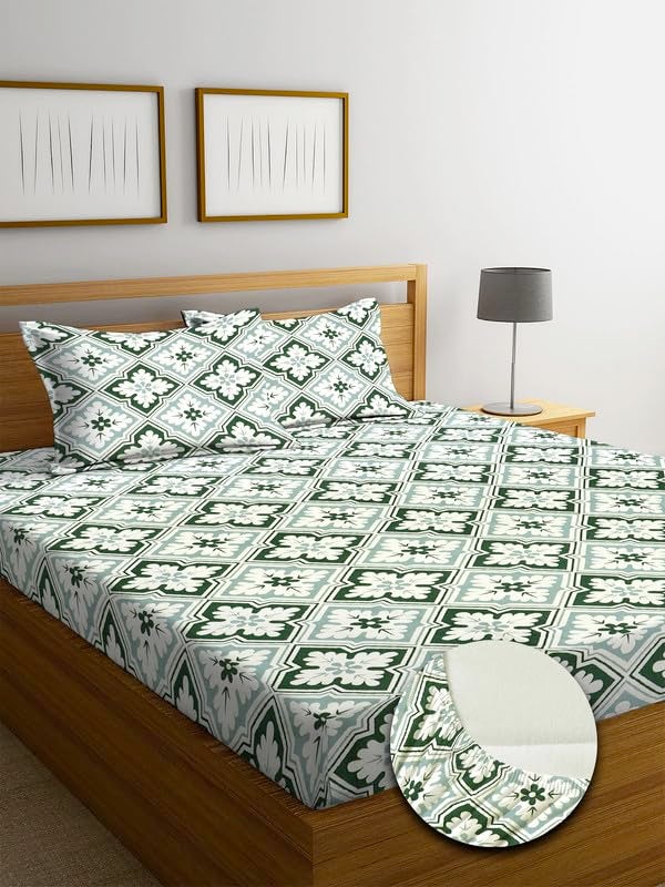 NEW LEAF Premium Cotton 220 TC Elastic Fitted Bedsheets with 2 Pillow Covers | Double/King Bed with All Around Elastic Wrinklefree Supersoft Breathable |Size-78 x72+10 inches | White Green Yellow - Image 5