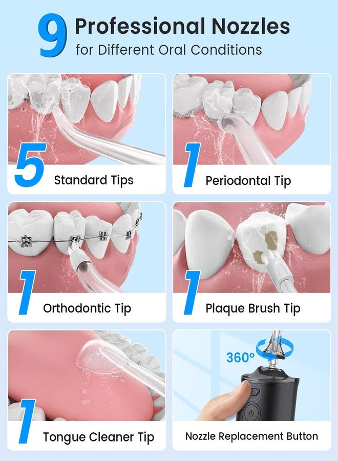 VIMMK Water Flosser, Cordless Water Dental Flosser, 9 Jet Tips 5 Modes 300ML IPX7 Waterproof, Portable Rechargeable Oral Irrigator for Home Travel - Gums, Orthodontic, Braces Care (Black - Image 3